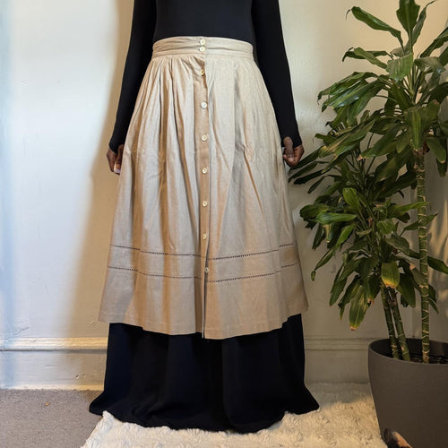 80s Chaus 100% Silk Pleated Quiet Luxury Prairie Midi Skirt Button Front Size 16