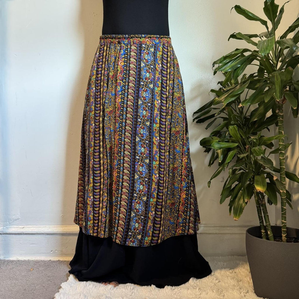 Vintage 80s Paisley Multi Slit Maxi boho Skirt Fits M-L