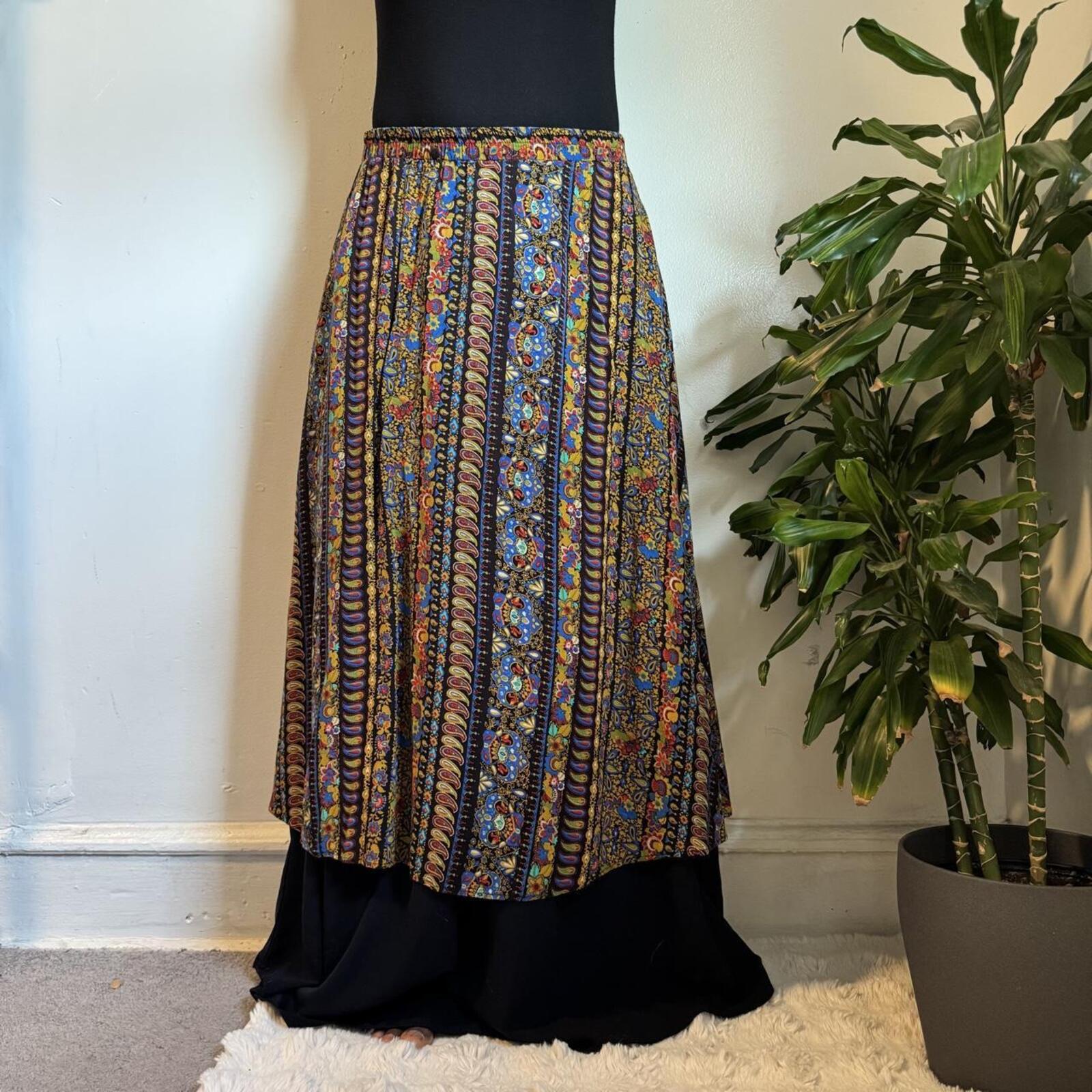 Vintage 80s Paisley Multi Slit Maxi boho Skirt Fits M-L