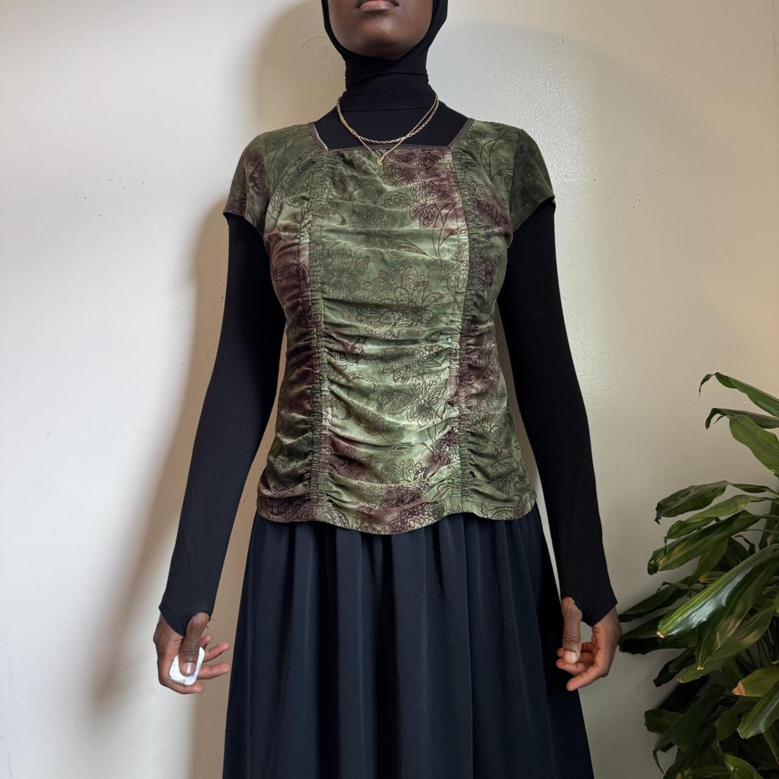 Vintage Whimsigoth Floral green Fairy Ruched Top L