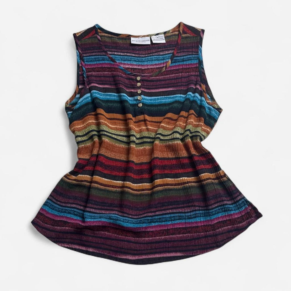 90s Jaclyn Smith Classic Crinkled Tank Top Multicolor Serape Stripe Blouse - M
