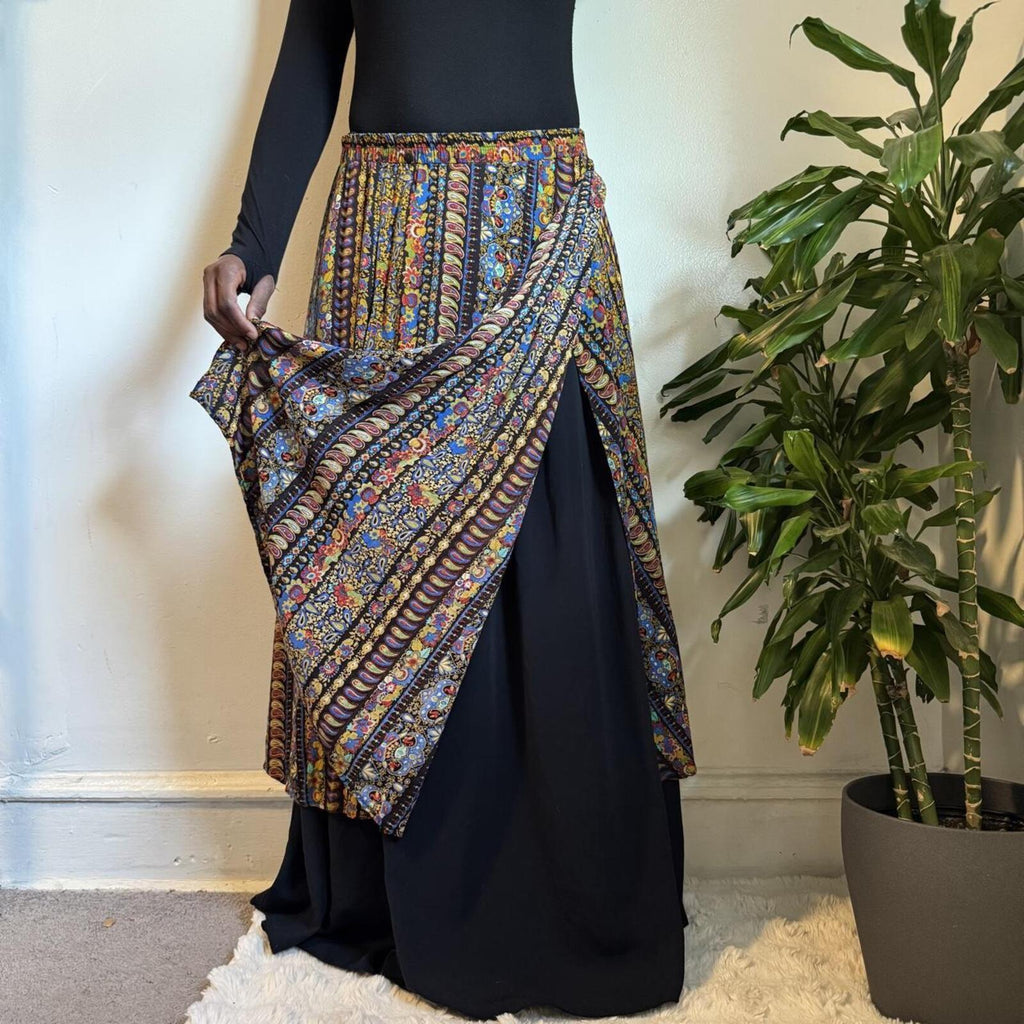 Vintage 80s Paisley Multi Slit Maxi boho Skirt Fits M-L