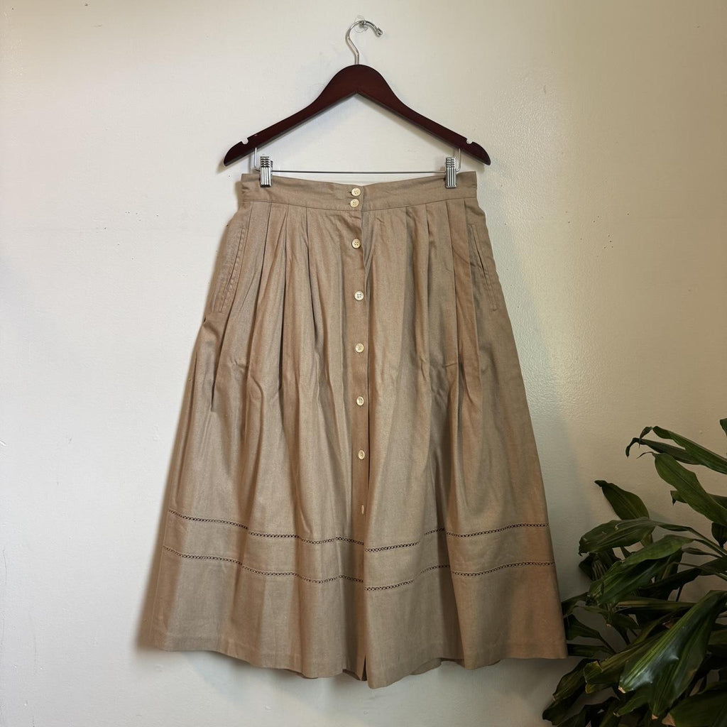 80s Chaus 100% Silk Pleated Quiet Luxury Prairie Midi Skirt Button Front Size 16