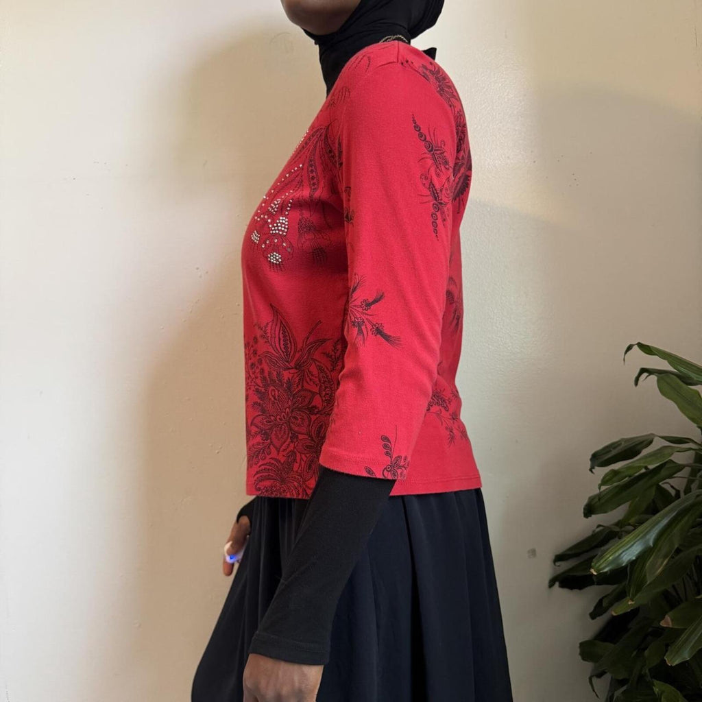 Vintage Jess & Jane Y2K Red Rhinestone Floral Top Whimsigoth L