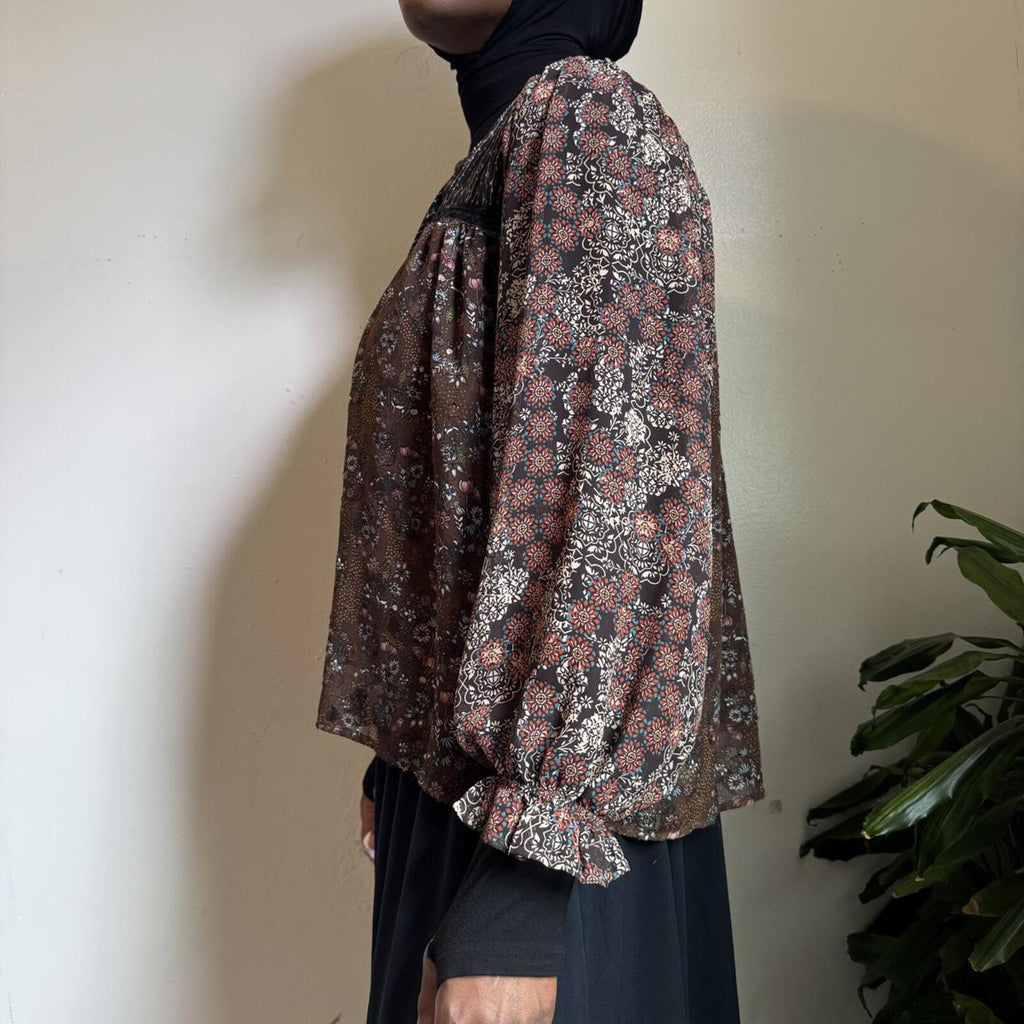 Boho Floral Peasant Ruffle Balloon Sleeve Whimsigoth Blouse L