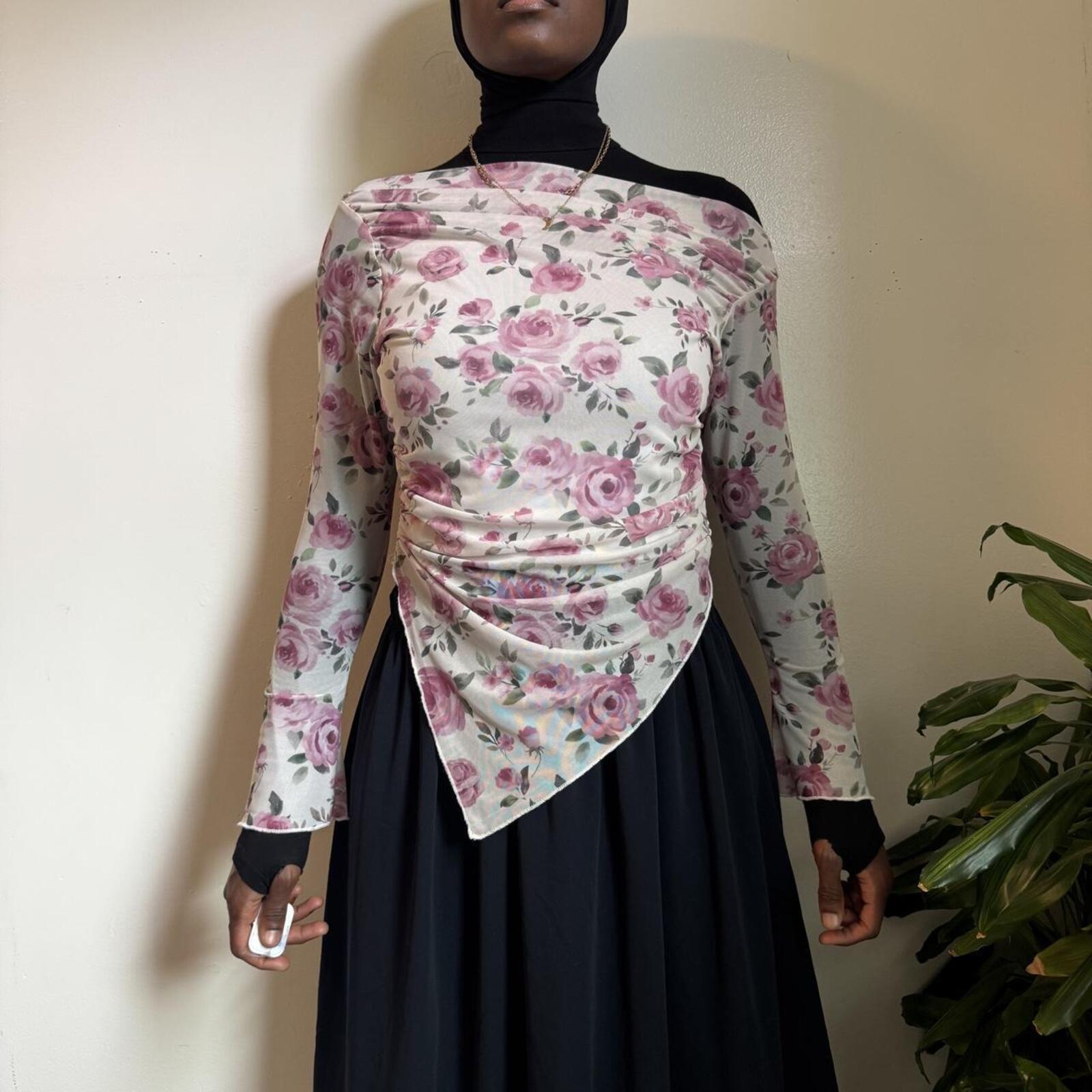 Pink rose Floral Asymmetrical Coquette Mesh Top