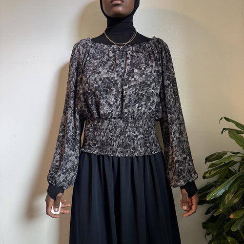 Dark romantic off shoulder abstract smocked waist ballon sleeves blouse  size 12
