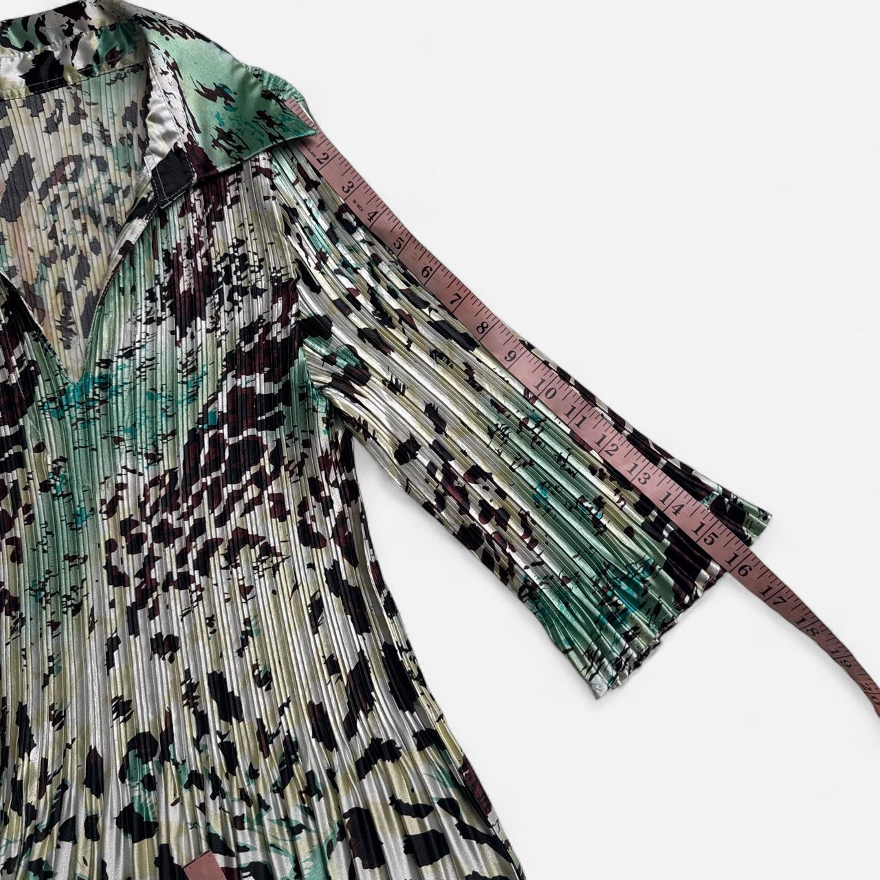 Vintage Y2K Micro Pleated Top Sage Green Abstract Animal Print fits S-M
