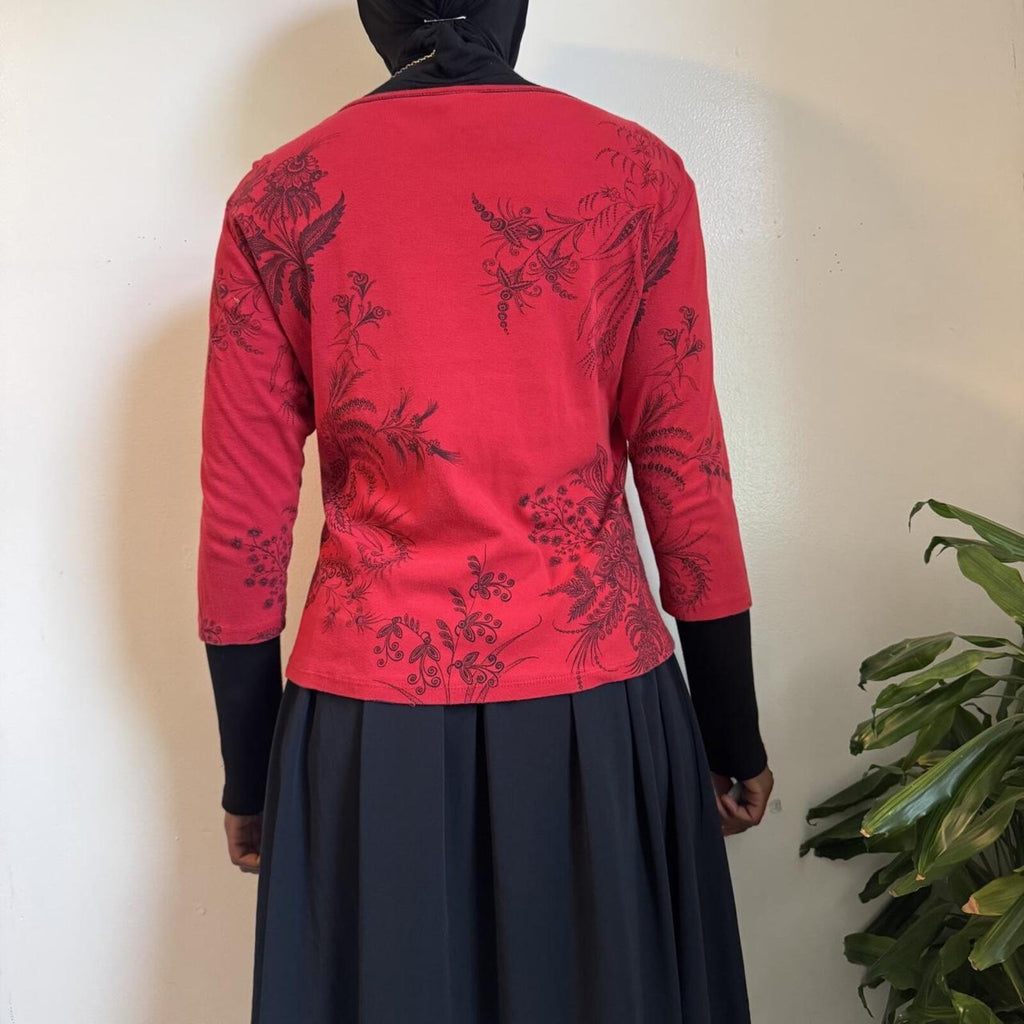 Vintage Jess & Jane Y2K Red Rhinestone Floral Top Whimsigoth L
