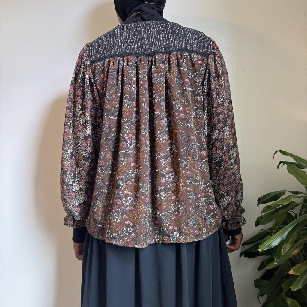 Boho Floral Peasant Ruffle Balloon Sleeve Whimsigoth Blouse L