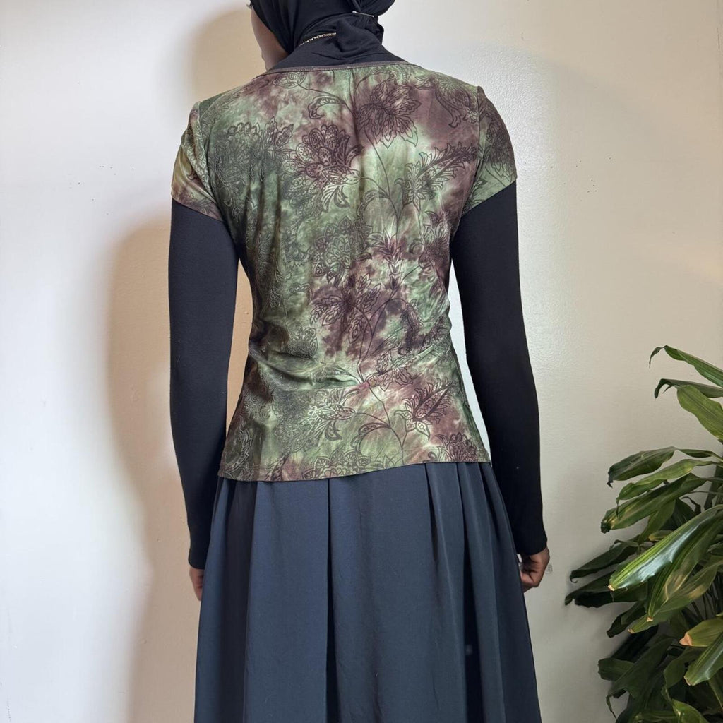 Vintage Whimsigoth Floral green Fairy Ruched Top L