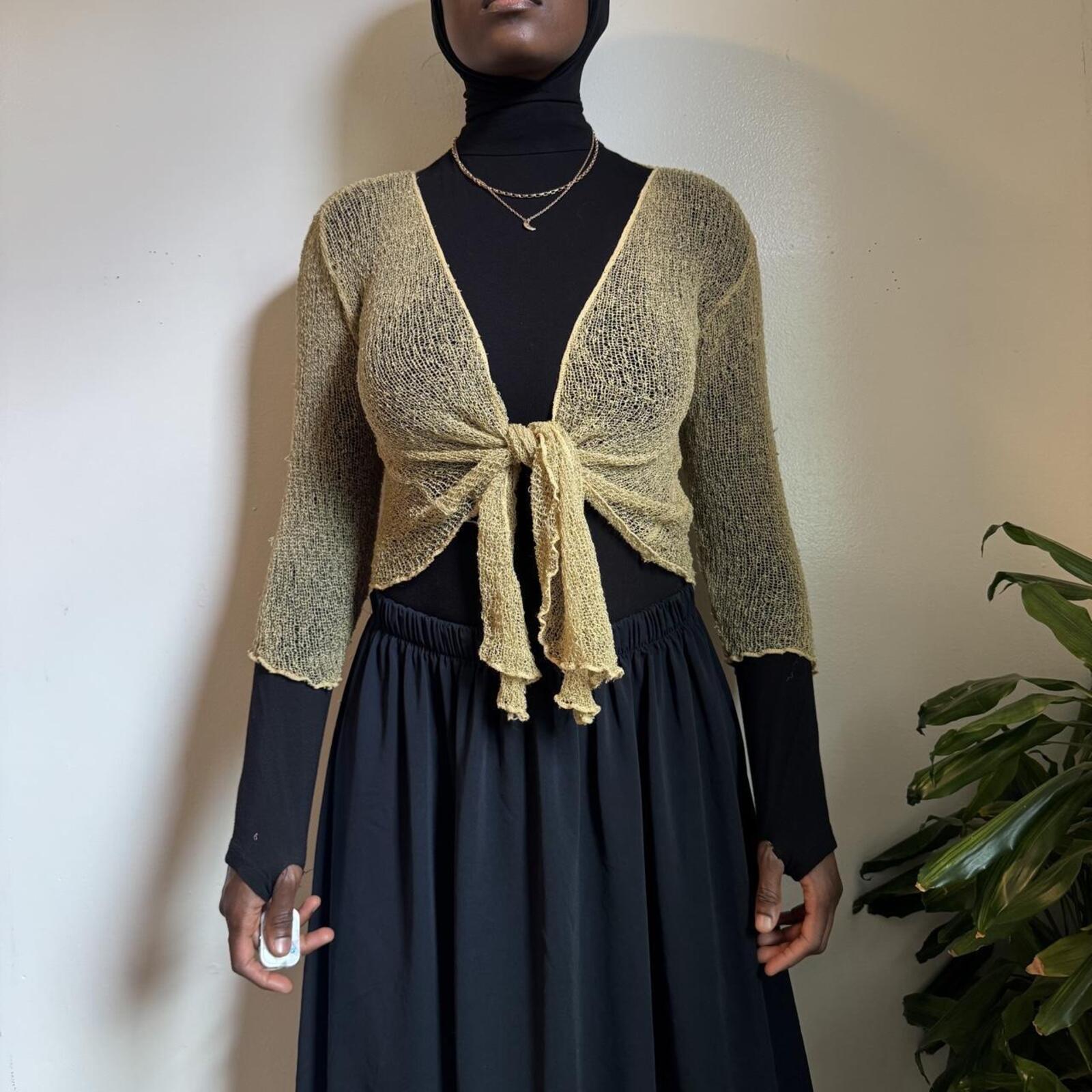 Y2K Open Knit Mesh Shrug Cardigan Tie Front fits like L