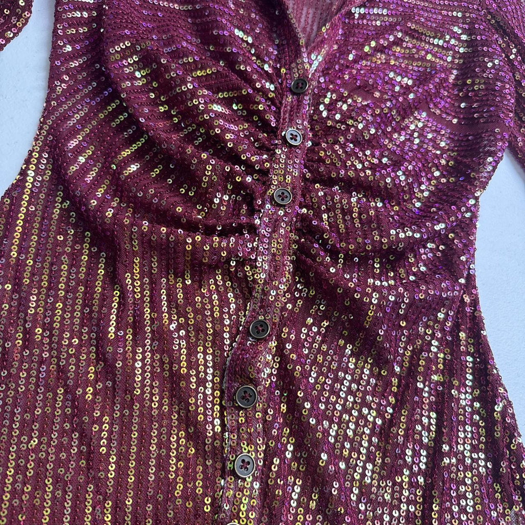 Free People Burgundy Sequin Ruched disco glam blouse top size S