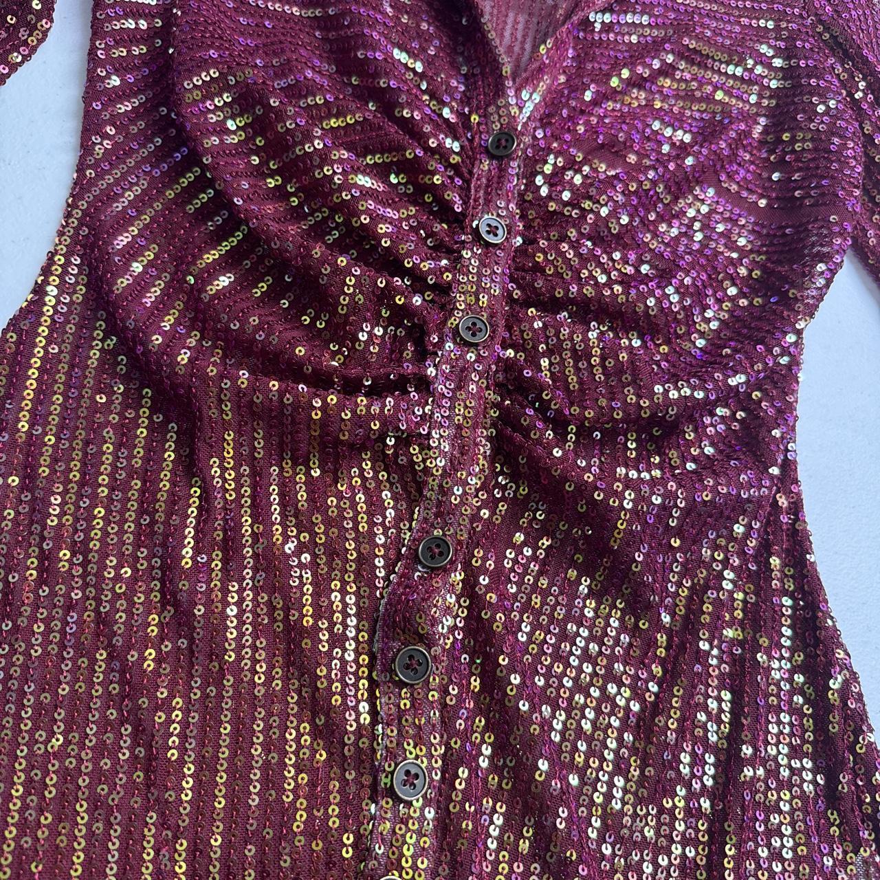 Free People Burgundy Sequin Ruched disco glam blouse top size S