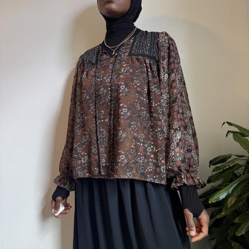 Boho Floral Peasant Ruffle Balloon Sleeve Whimsigoth Blouse L