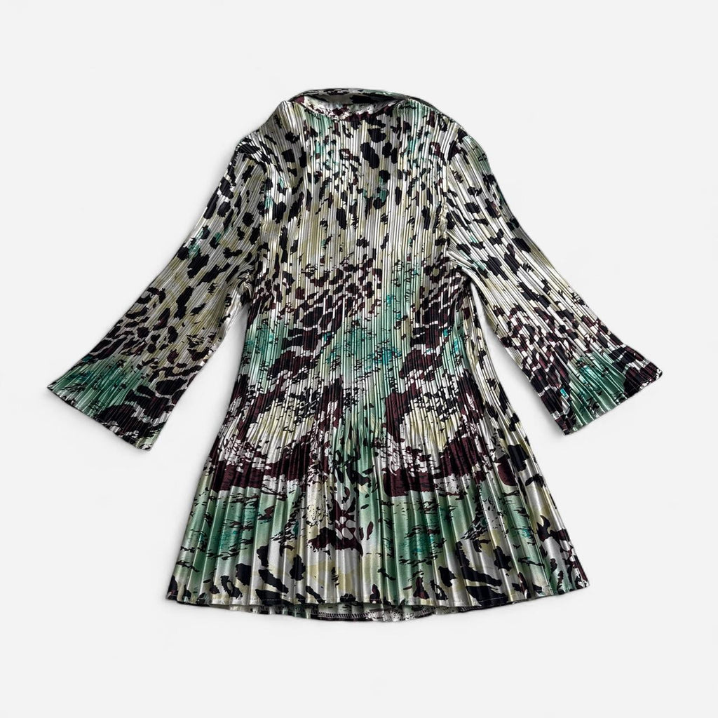 Vintage Y2K Micro Pleated Top Sage Green Abstract Animal Print fits S-M