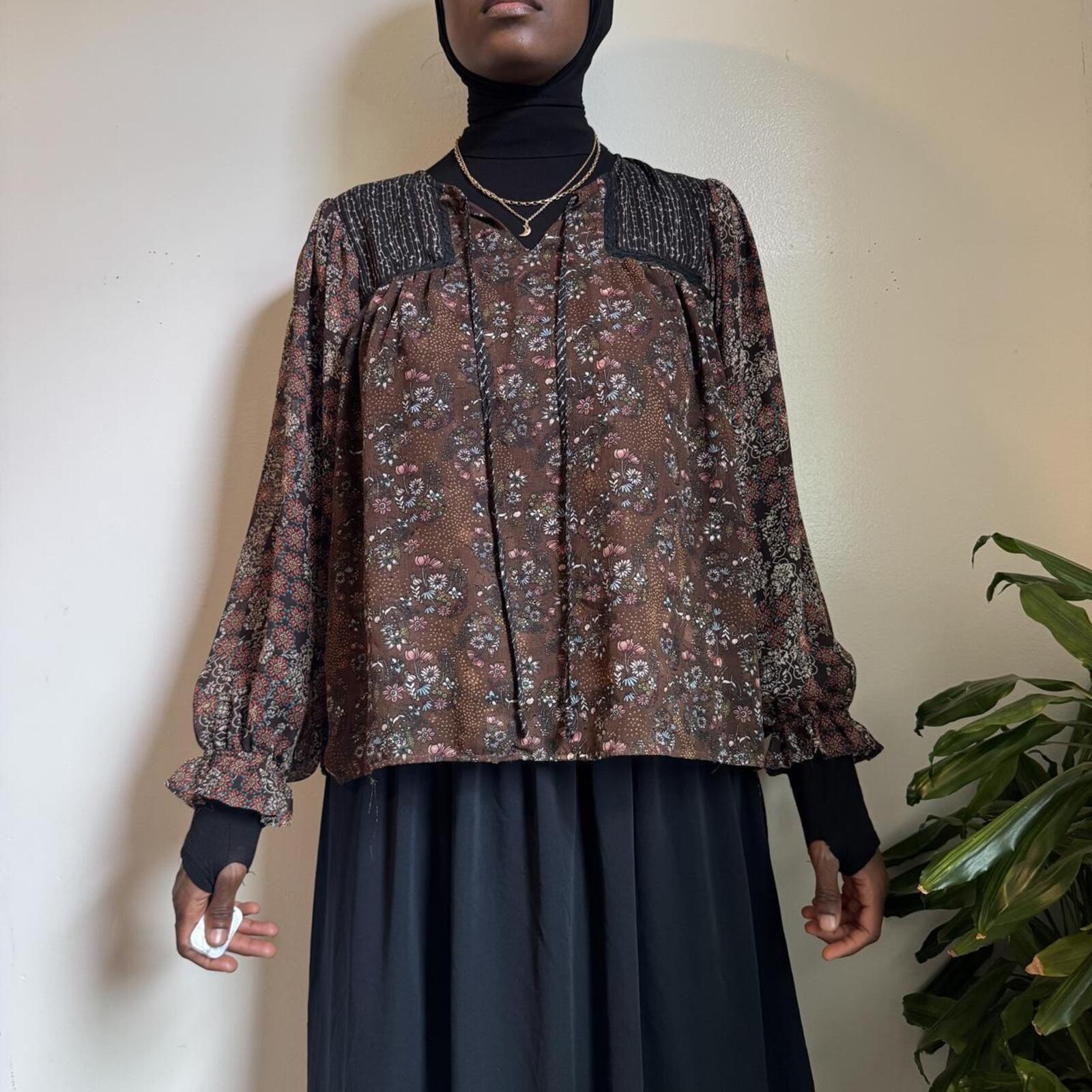Boho Floral Peasant Ruffle Balloon Sleeve Whimsigoth Blouse L