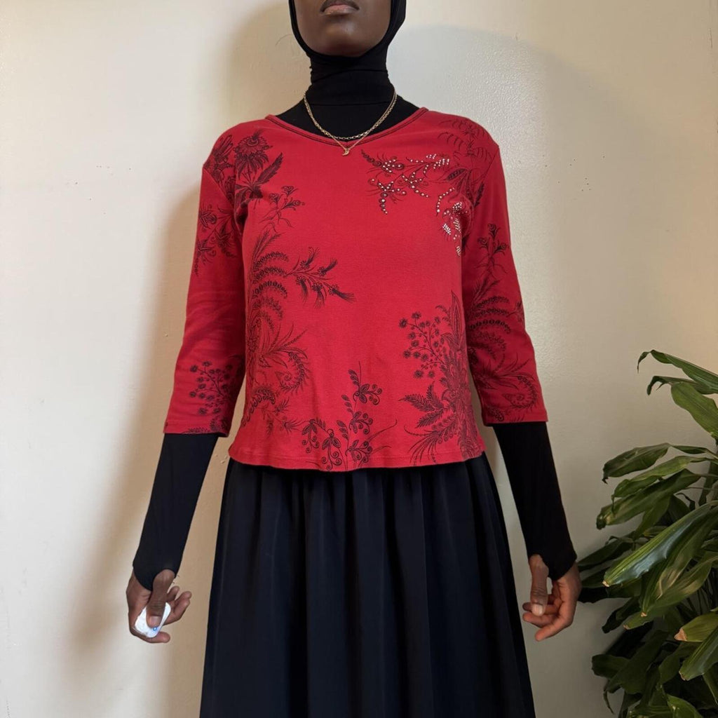 Vintage Jess & Jane Y2K Red Rhinestone Floral Top Whimsigoth L