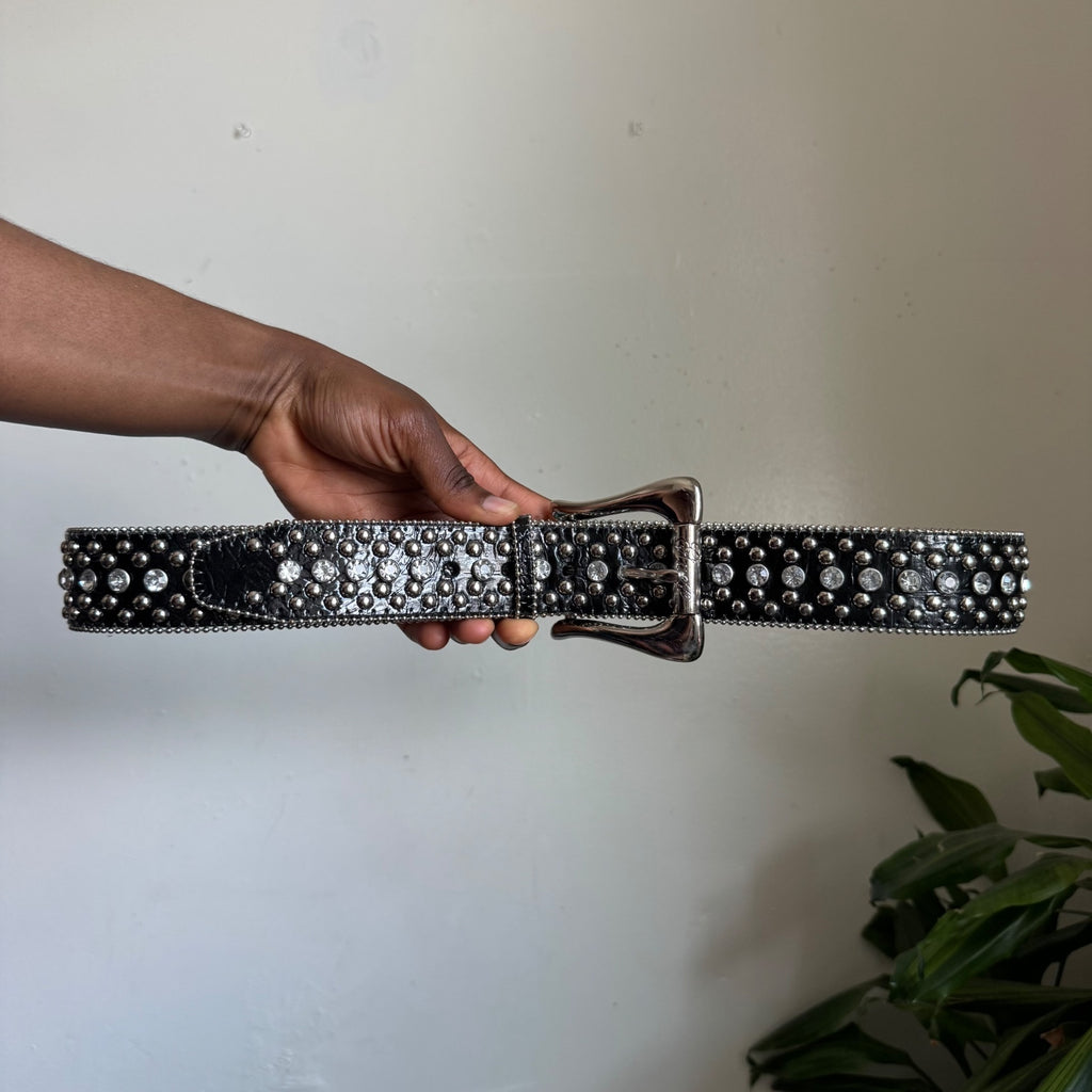 Y2K Guess Rhinestone Studded Croc-Embossed Black Leather Belt size M Fits M-L