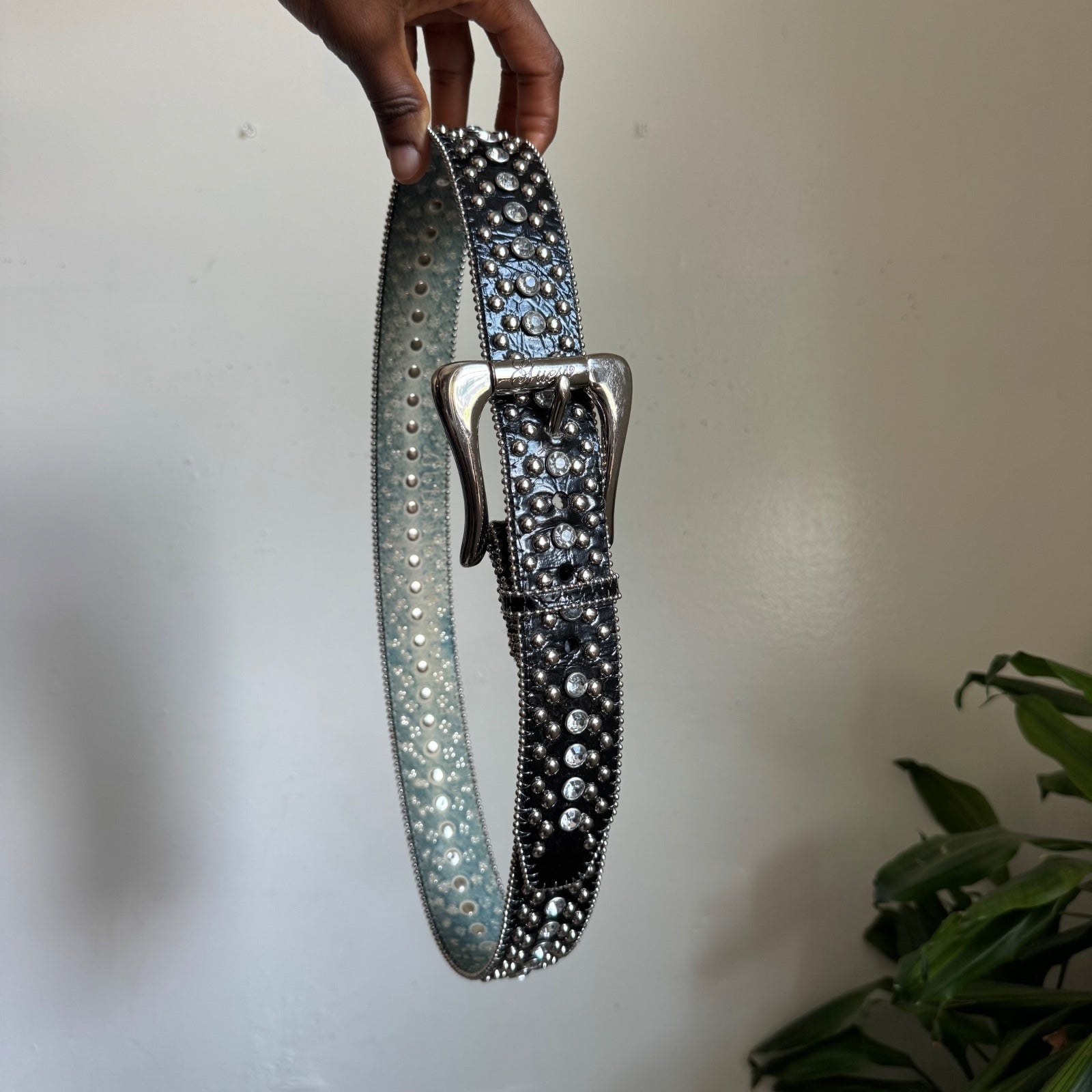 Y2K Guess Rhinestone Studded Croc-Embossed Black Leather Belt size M Fits M-L