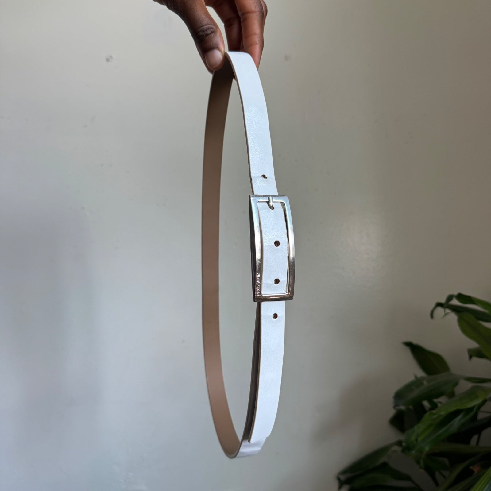 Nine West White Skinny Belt Silver Rectangle Buckle Fits M-L