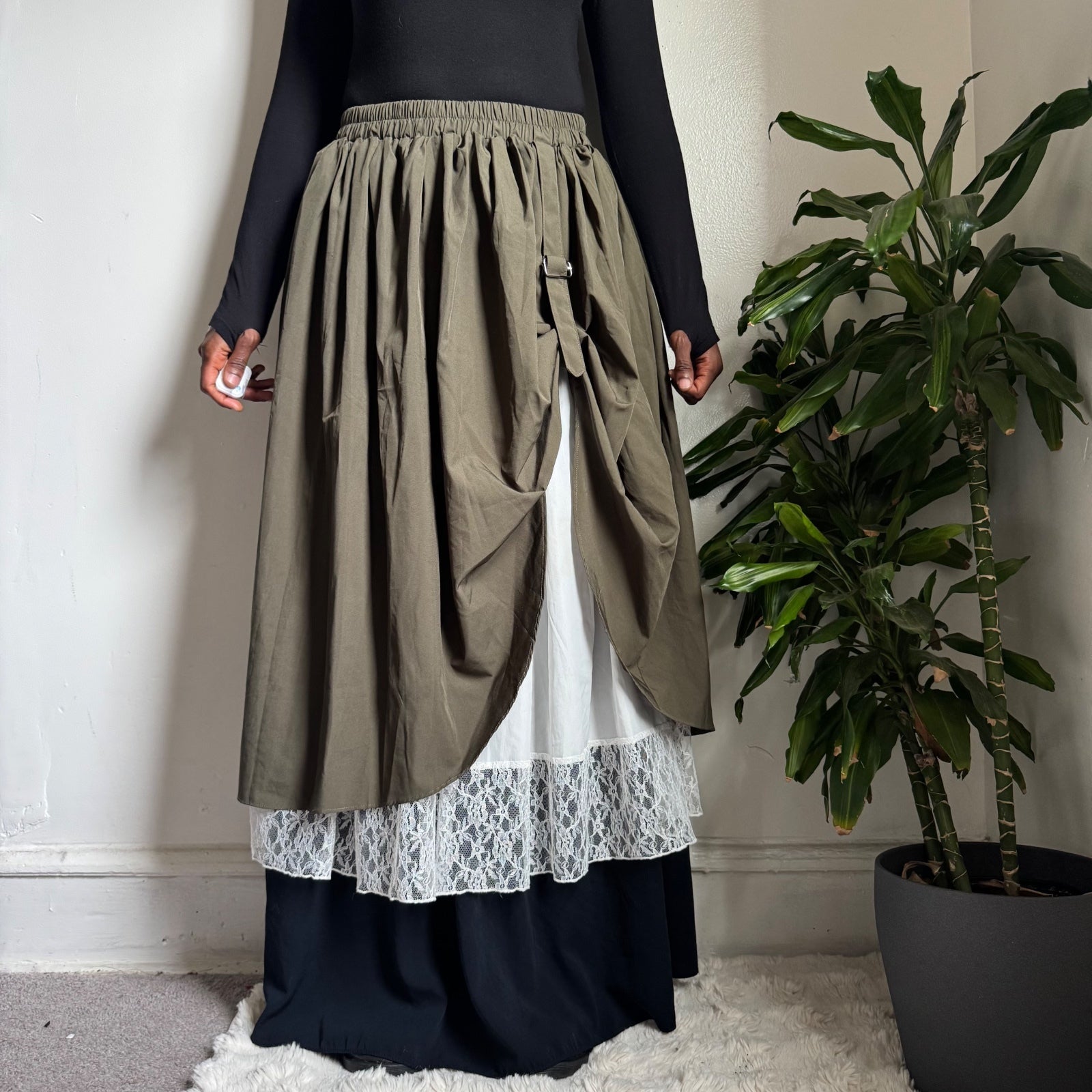 Avant garde Asymmetric Hem Buckle Strap Layered piratecore Midi Skirt - L