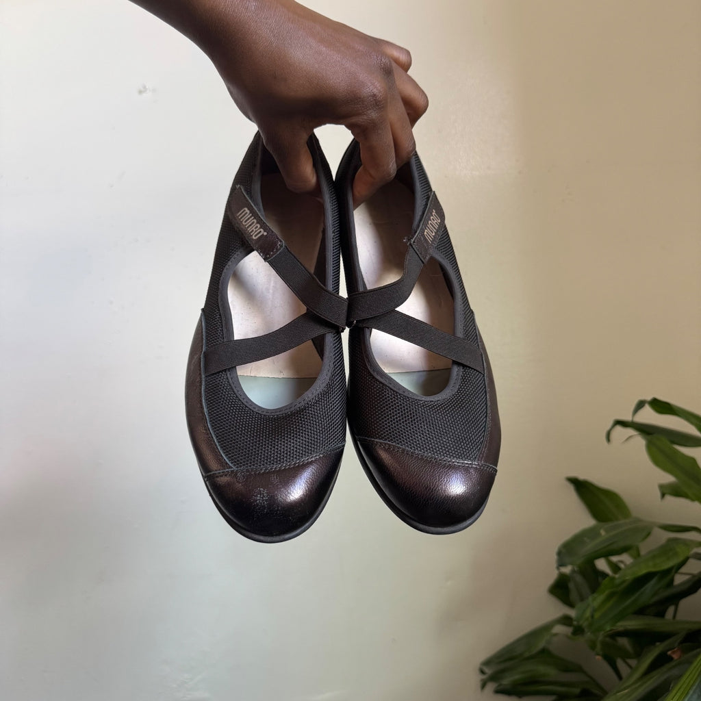 Munro Metallic Bronze Leather Mesh Mary Jane Sneaker Flats Crisscross Strap US 8