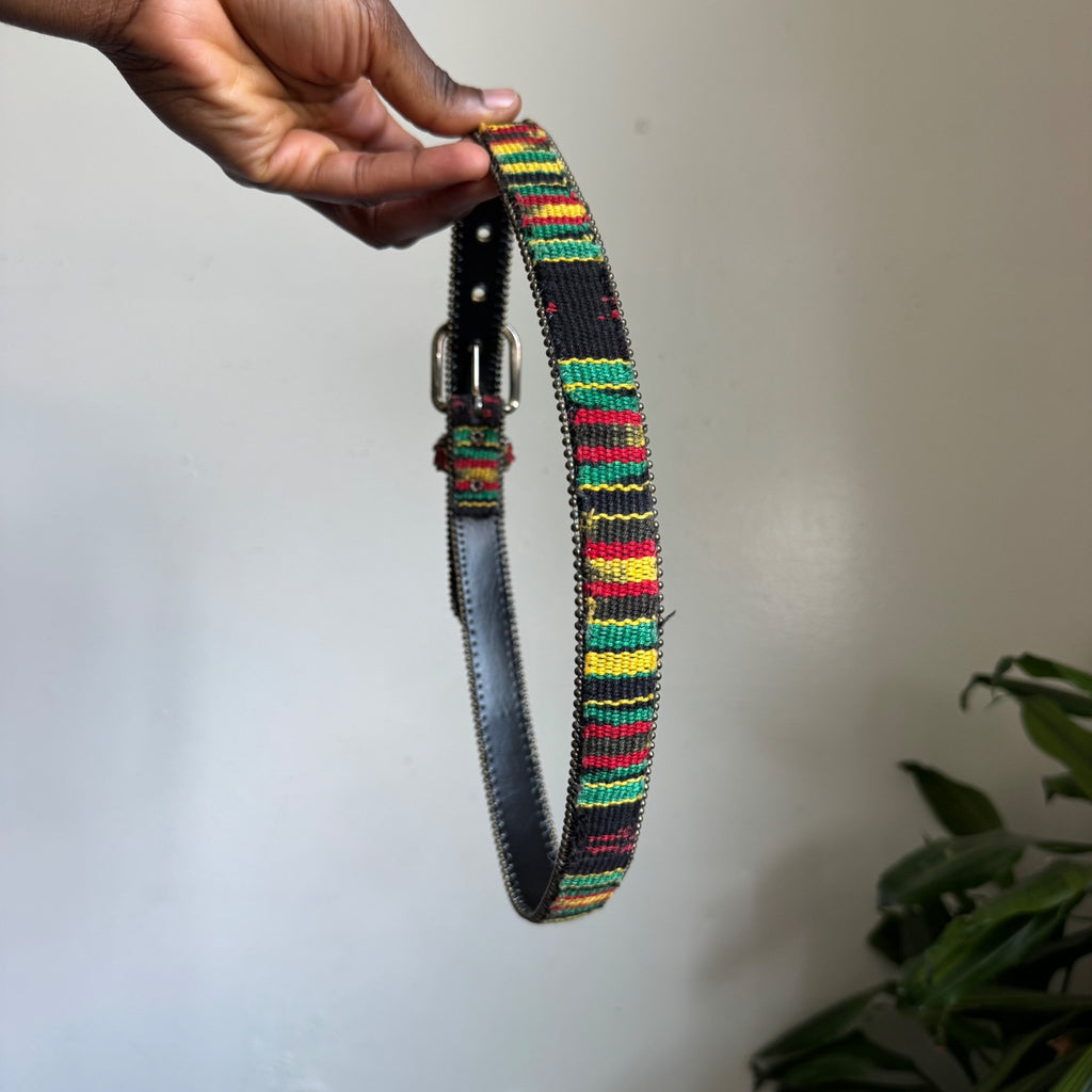 90s Rasta Reggae Stripe Woven Belt Leather Back Studded Trim Size S-M