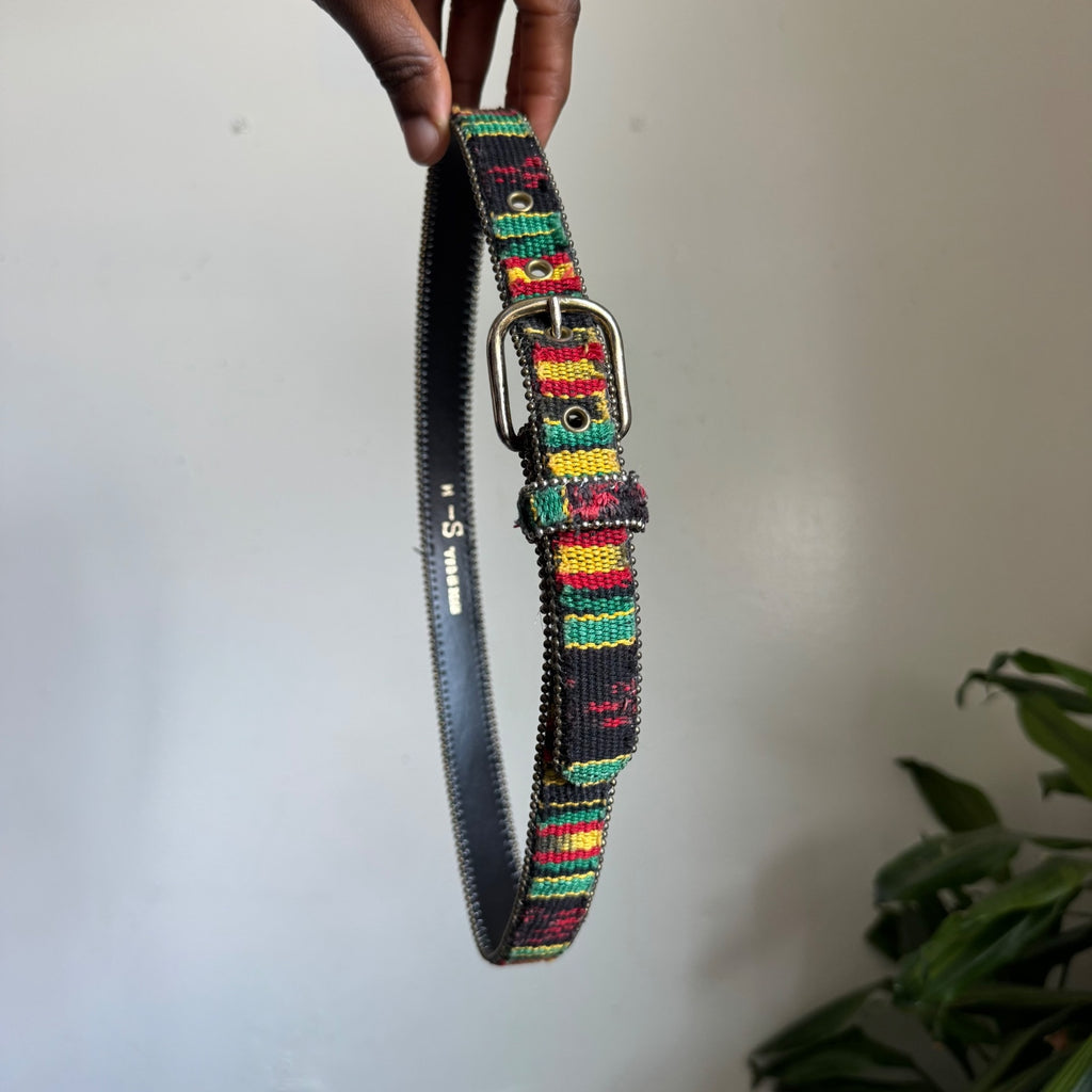 90s Rasta Reggae Stripe Woven Belt Leather Back Studded Trim Size S-M