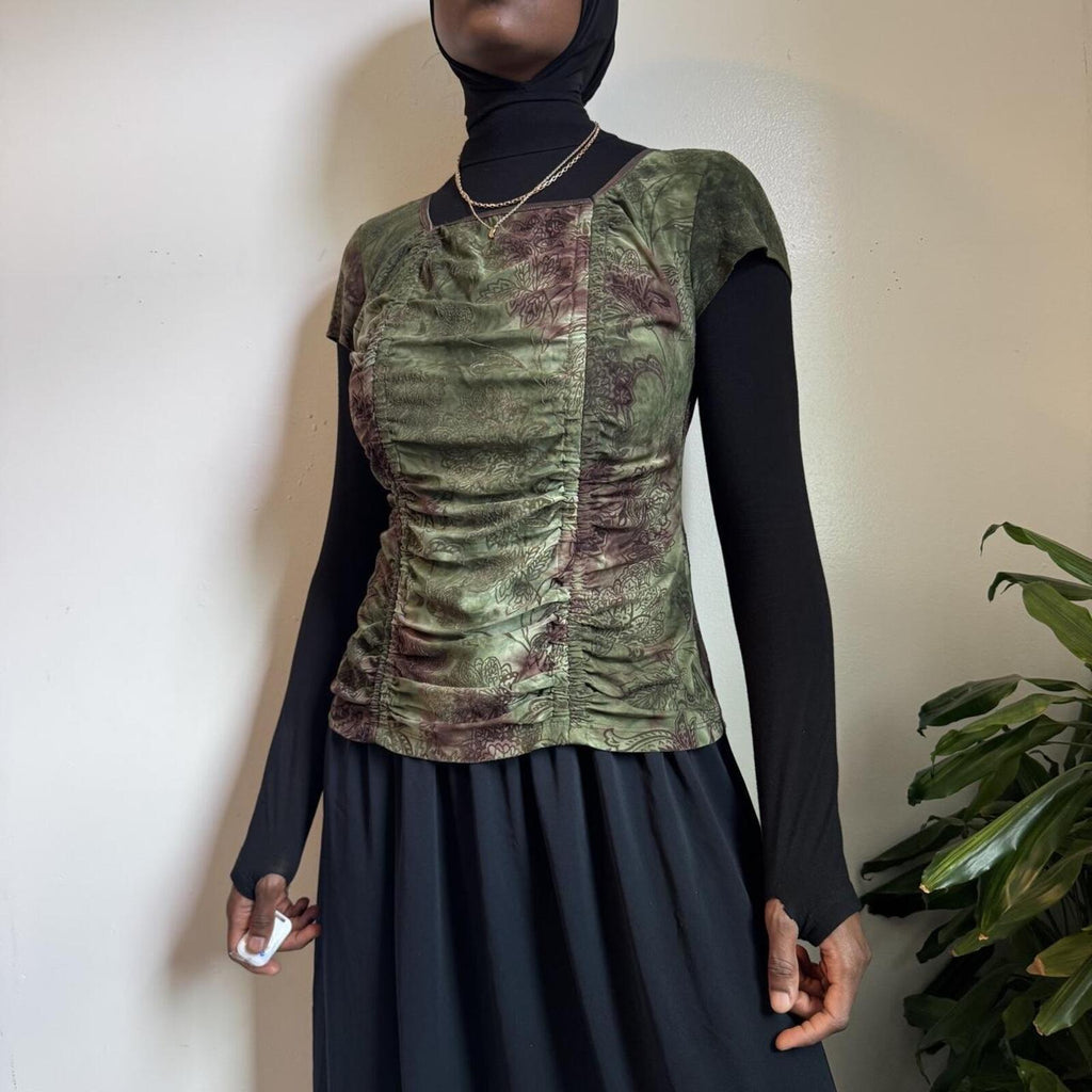 Vintage Whimsigoth Floral green Fairy Ruched Top L