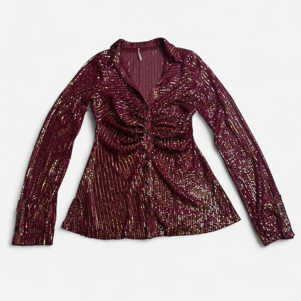 Free People Burgundy Sequin Ruched disco glam blouse top size S
