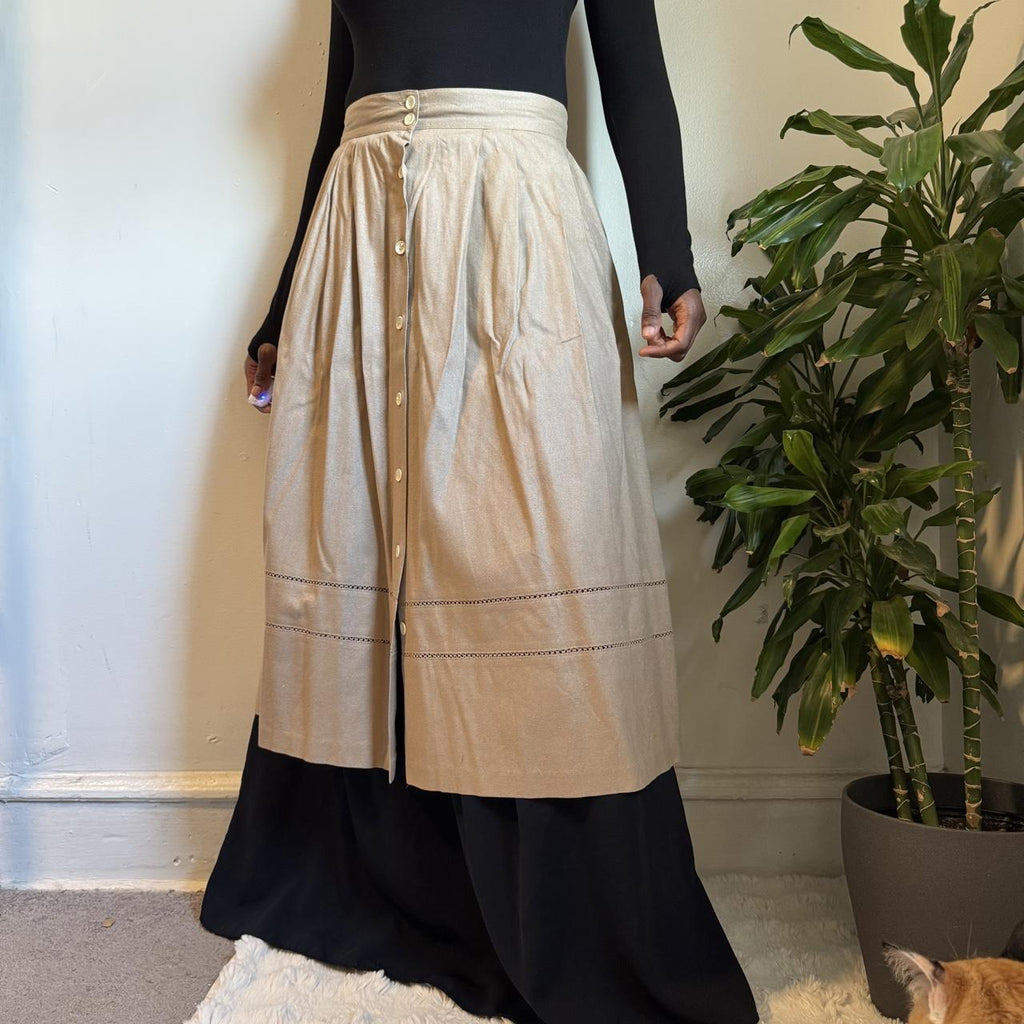 80s Chaus 100% Silk Pleated Quiet Luxury Prairie Midi Skirt Button Front Size 16