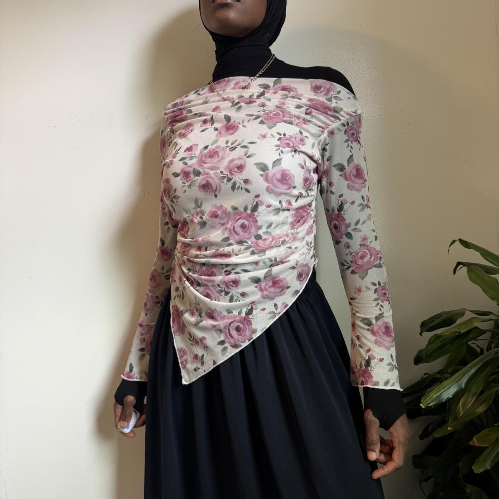 Pink rose Floral Asymmetrical Coquette Mesh Top