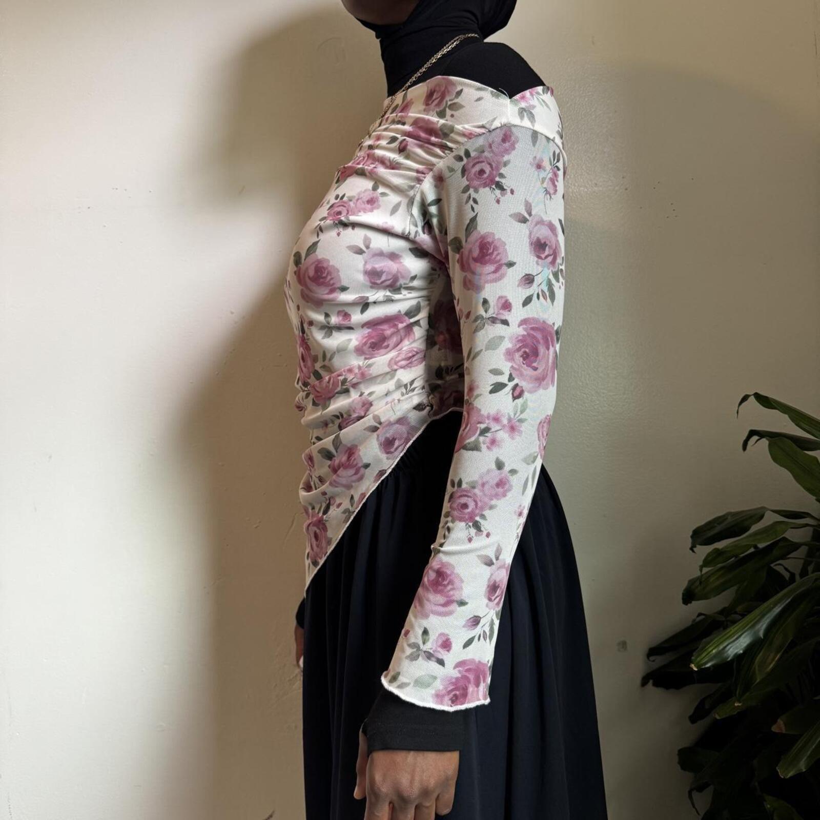 Pink rose Floral Asymmetrical Coquette Mesh Top