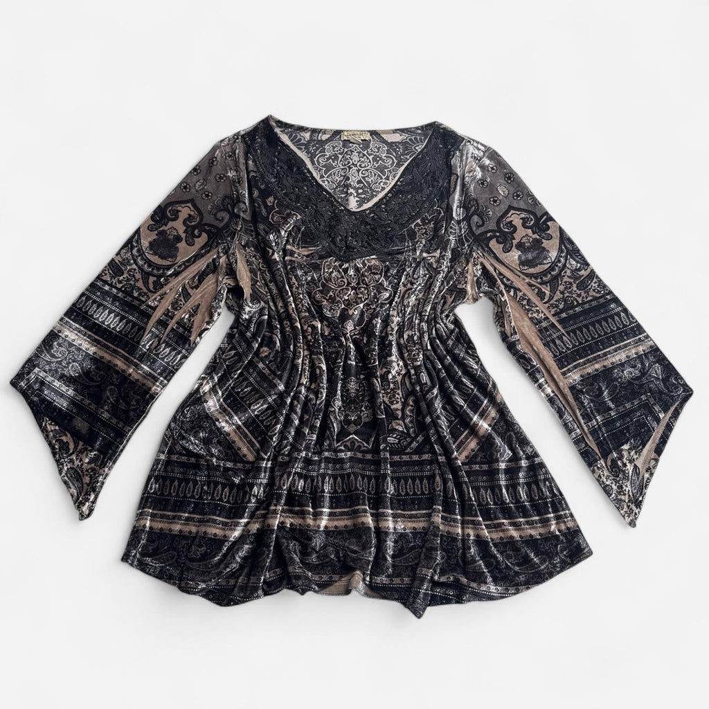 Vintage boho Velvet Burnout Top 2X Plus Size Paisley Crochet V-Neck Bell Sleeve