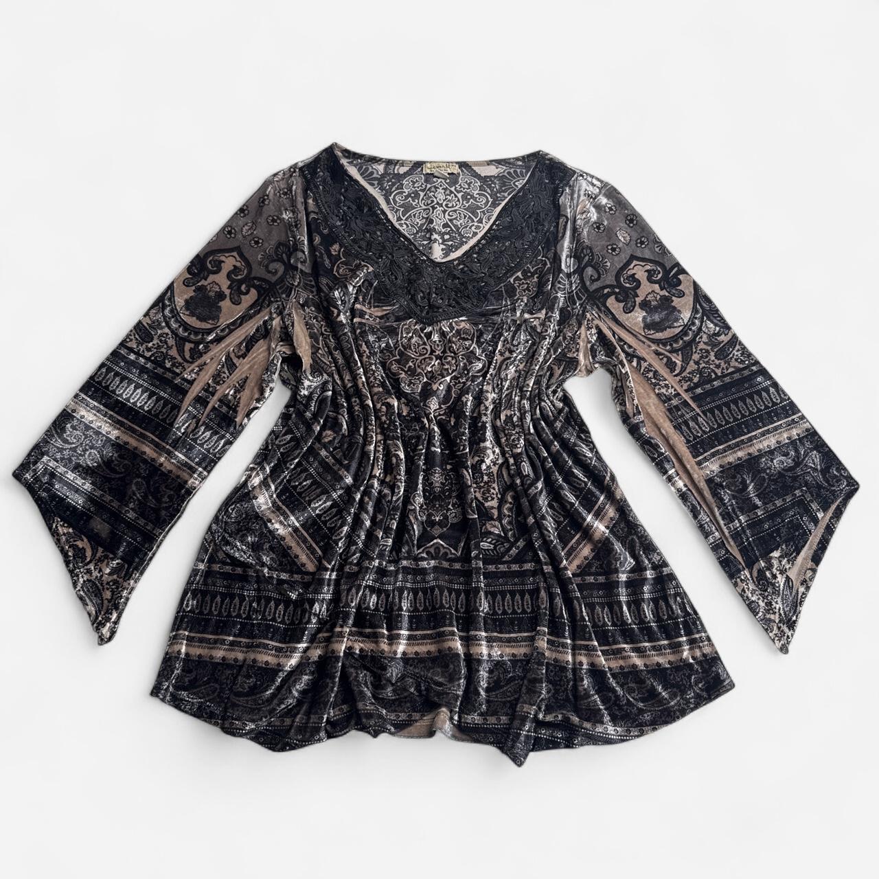 Vintage boho Velvet Burnout Top 2X Plus Size Paisley Crochet V-Neck Bell Sleeve
