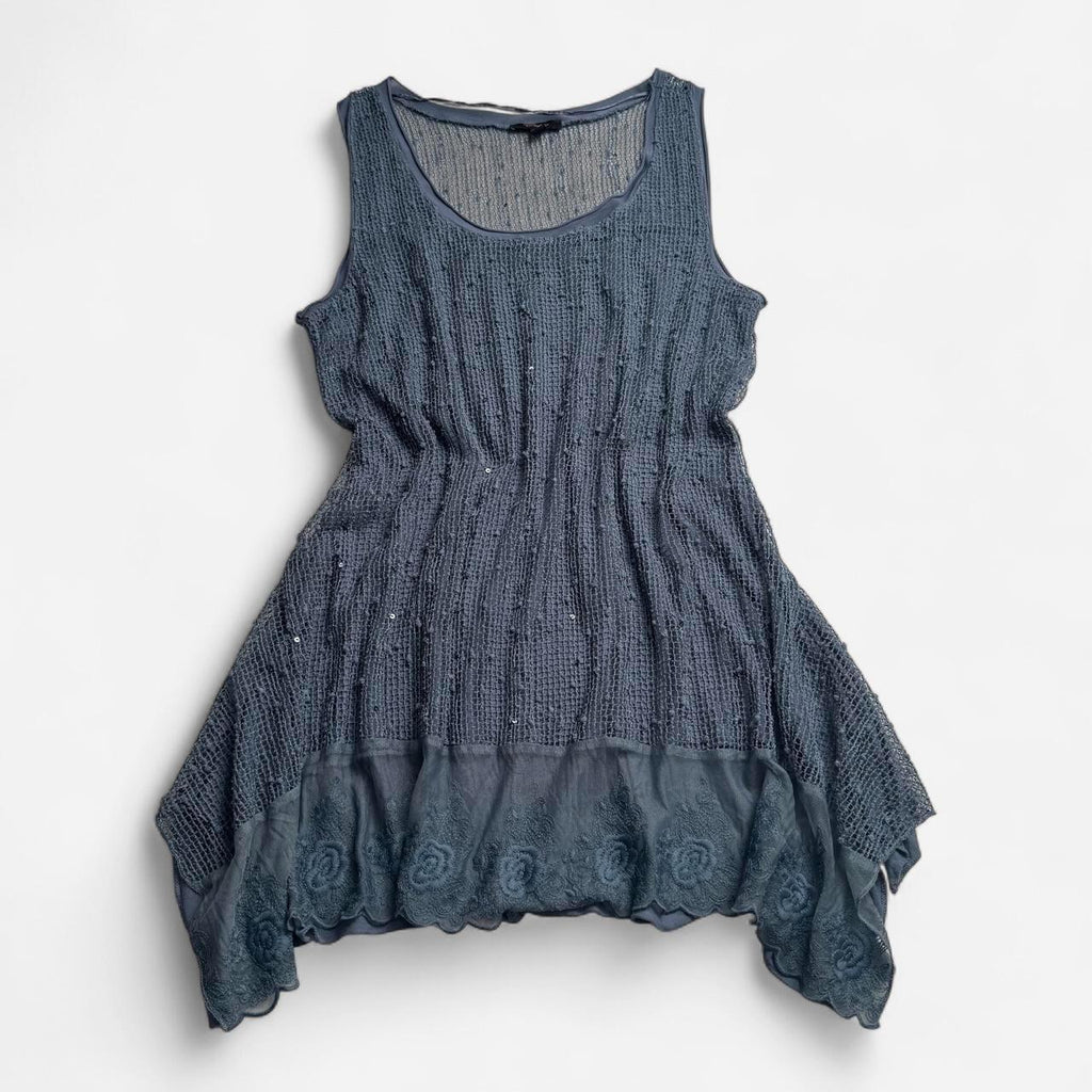 Cupio Dusty Blue Crochet Knit Sequin boho fairycore Tank Top L