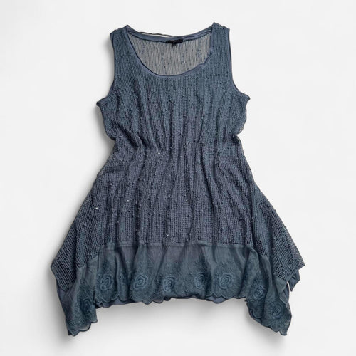 Cupio Dusty Blue Crochet Knit Sequin boho fairycore Tank Top L
