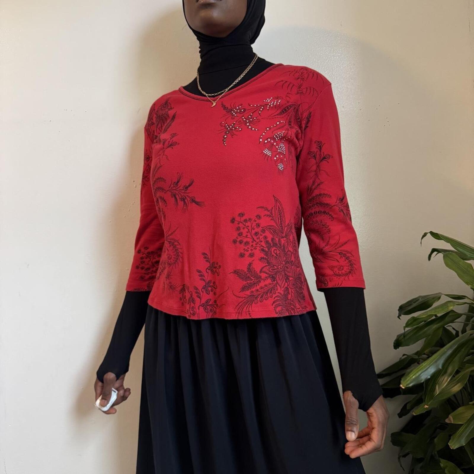 Vintage Jess & Jane Y2K Red Rhinestone Floral Top Whimsigoth L