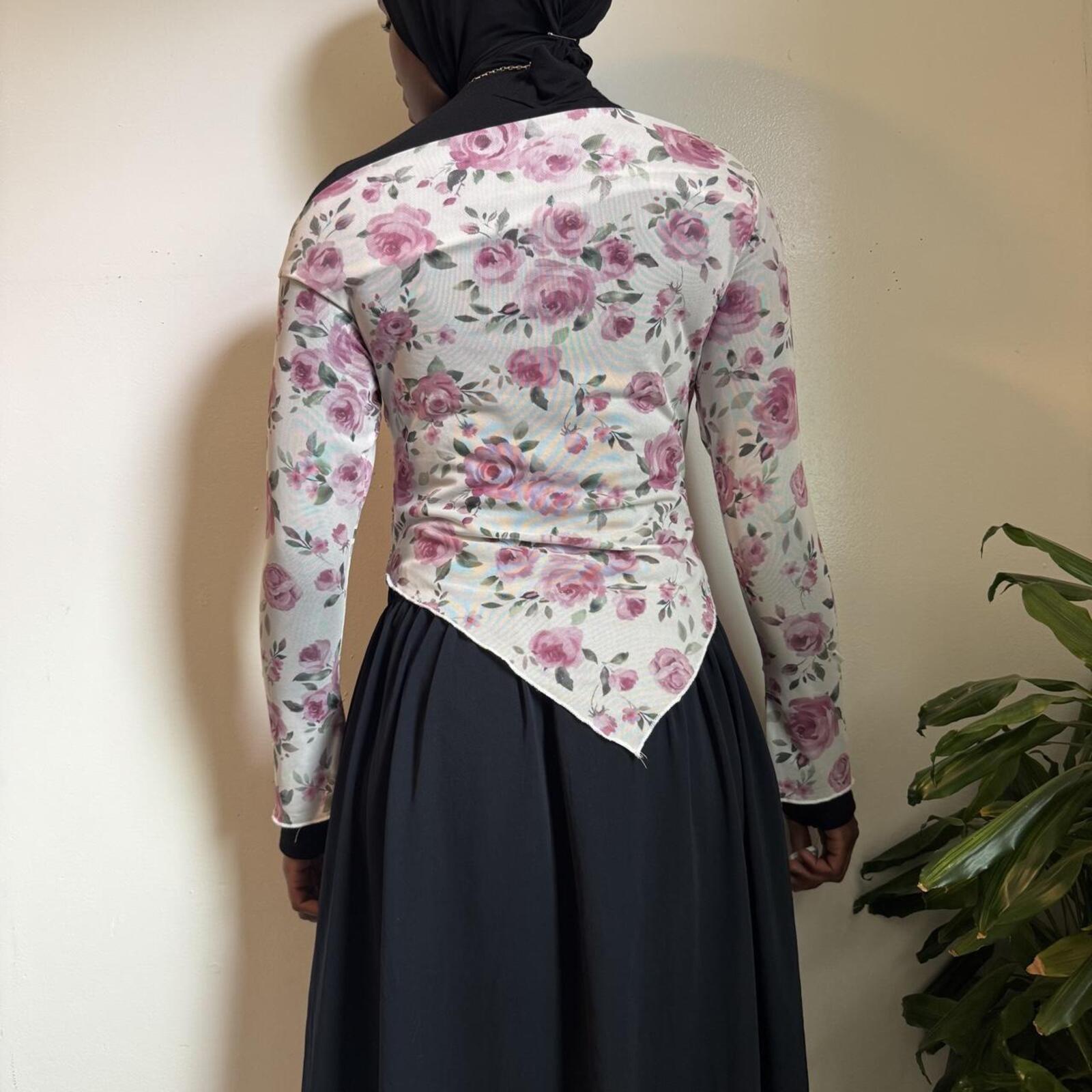 Pink rose Floral Asymmetrical Coquette Mesh Top