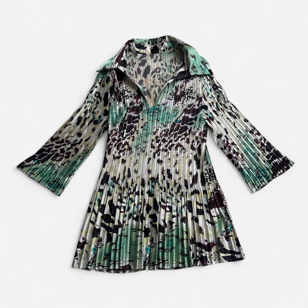 Vintage Y2K Micro Pleated Top Sage Green Abstract Animal Print fits S-M