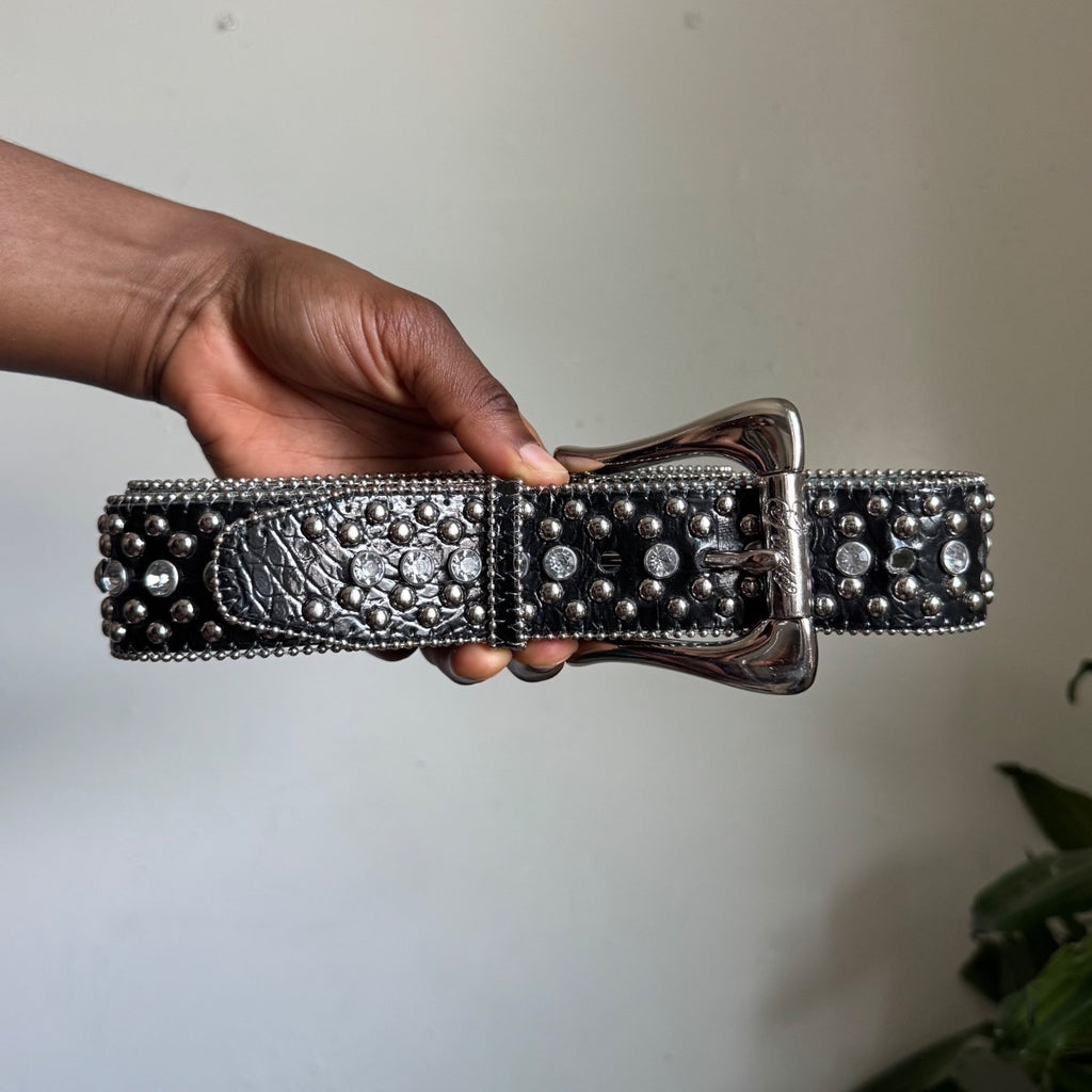 Y2K Guess Rhinestone Studded Croc-Embossed Black Leather Belt size M Fits M-L