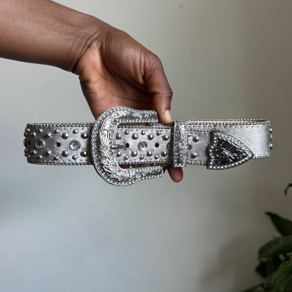 Y2K Silver Rhinestone Studded Cowgirl Bling Western Belt Size M fits M-L
