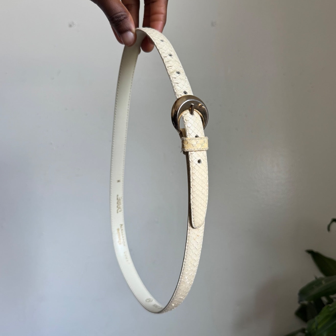 Vintage 80s DAME Genuine Snakeskin Belt Cream Ivory Gold Buckle Size M