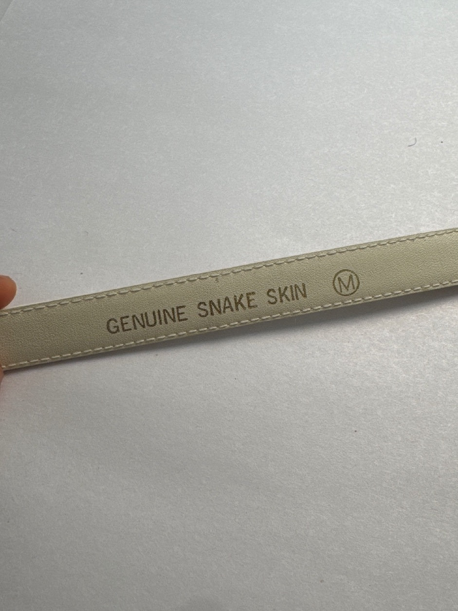 Vintage 80s DAME Genuine Snakeskin Belt Cream Ivory Gold Buckle Size M