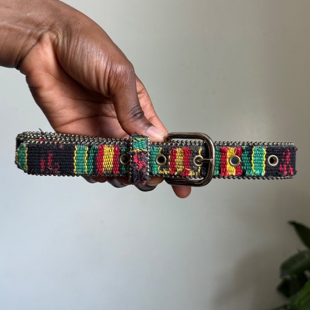90s Rasta Reggae Stripe Woven Belt Leather Back Studded Trim Size S-M
