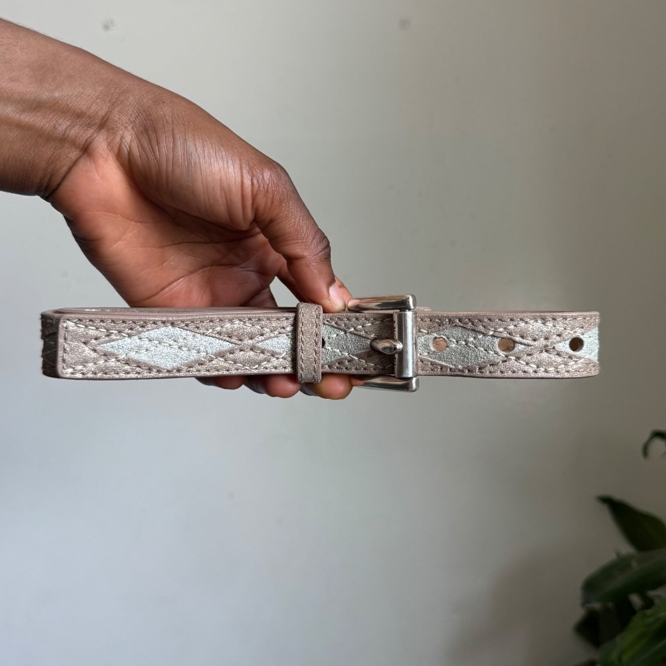 2000s Michael Kors Genuine Leather Metallic Silver Quilted Skinny Belt - S